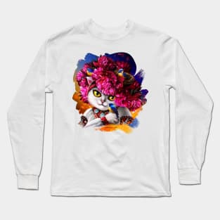 Cute white cat in the pink wreath Long Sleeve T-Shirt